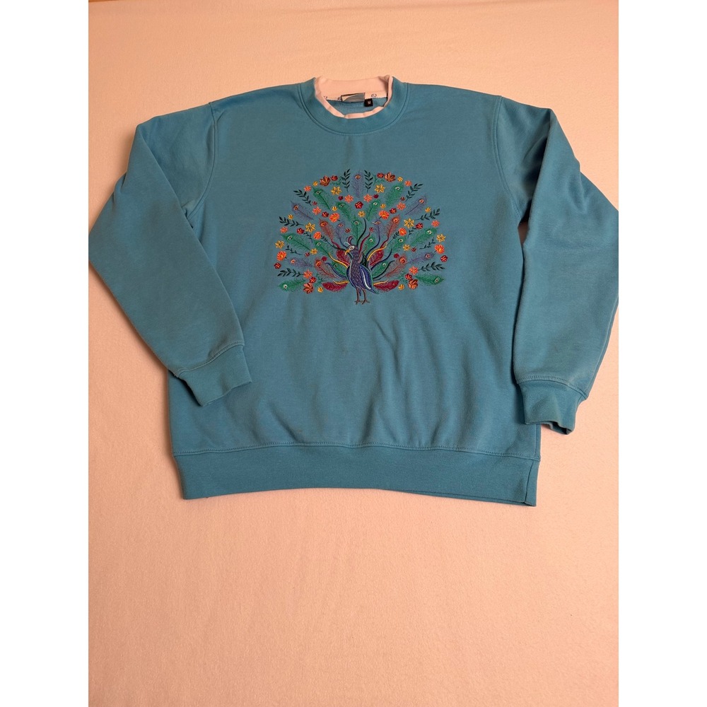 King Universal Teal Blue Embroidered Peacock Sweatshirt Crewneck Mens Medium